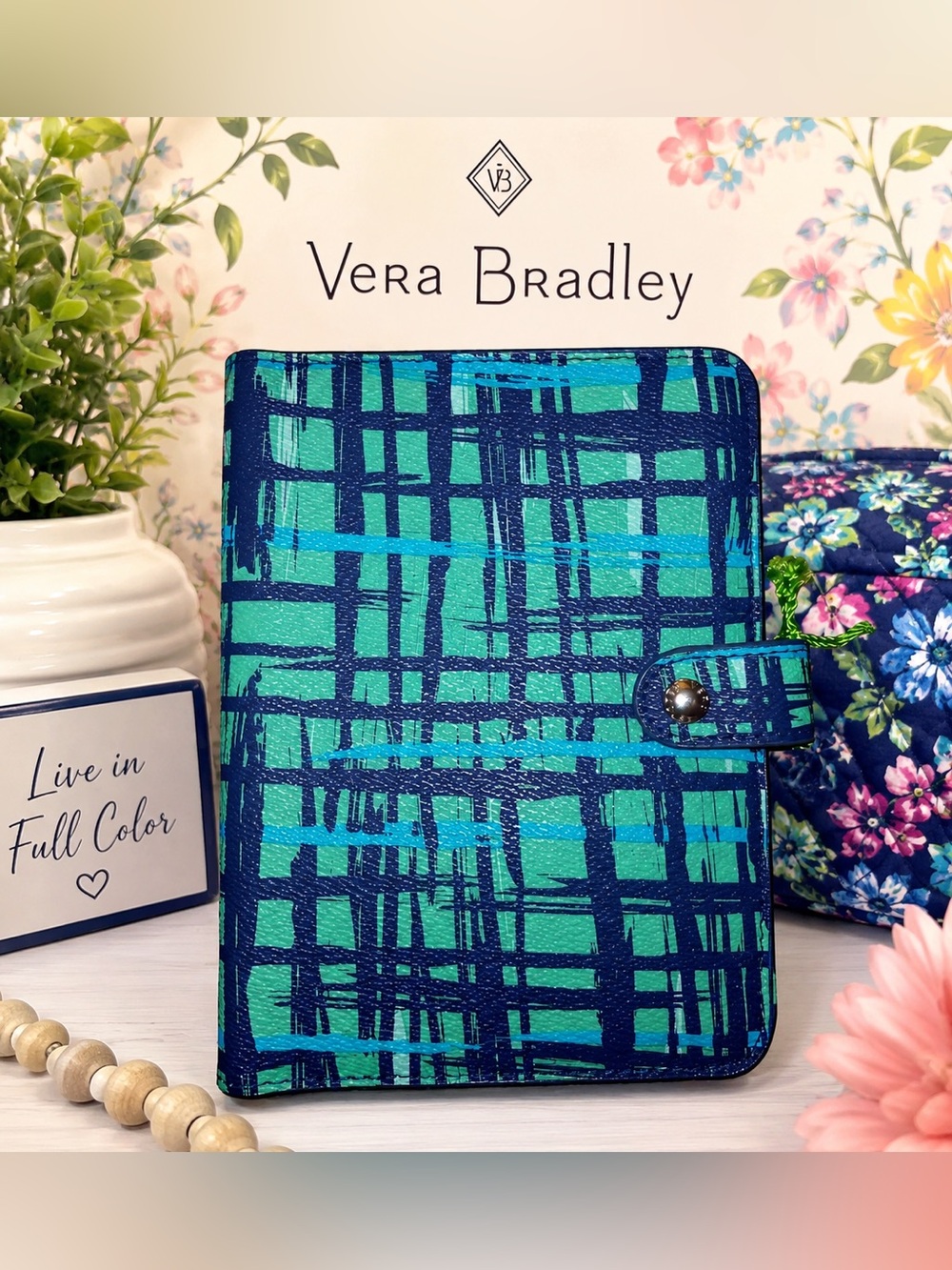 💙 Vera Bradley Slim Travel Organizer – Navy/Teal Art Plaid